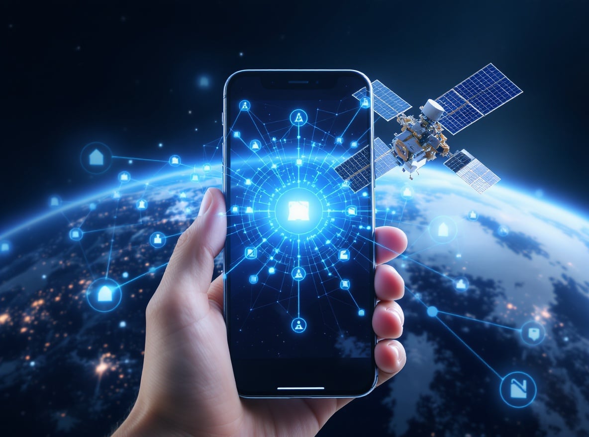 Smartphone displaying satellite connectivity with the Earth in the background