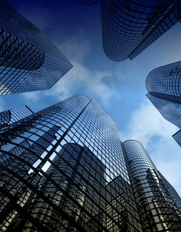 Skyscrapers and modern office buildings viewed from the bottom