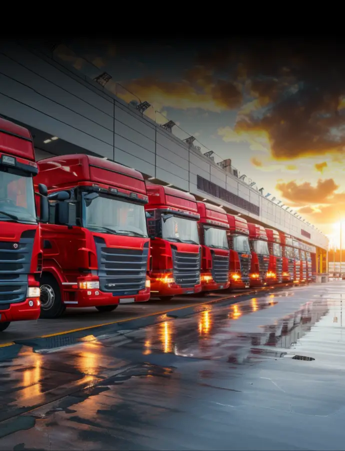 Row of red semi-trucks parked at a modern logistics center at sunset, reflecting on wet pavement