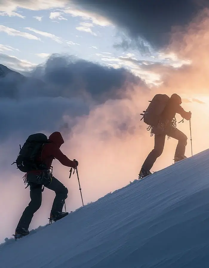 Two mountaineers climbing a snowy slope at sunrise, using trekking poles