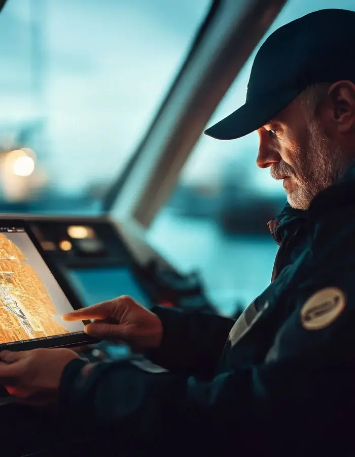 Man in a cap reviewing a digital navigation map on a tablet inside a control room at dusk
