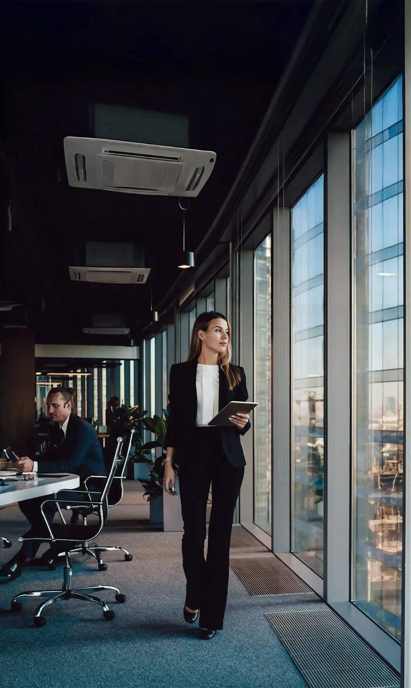 Businesswoman walking through a modern office with a tablet near large windows.