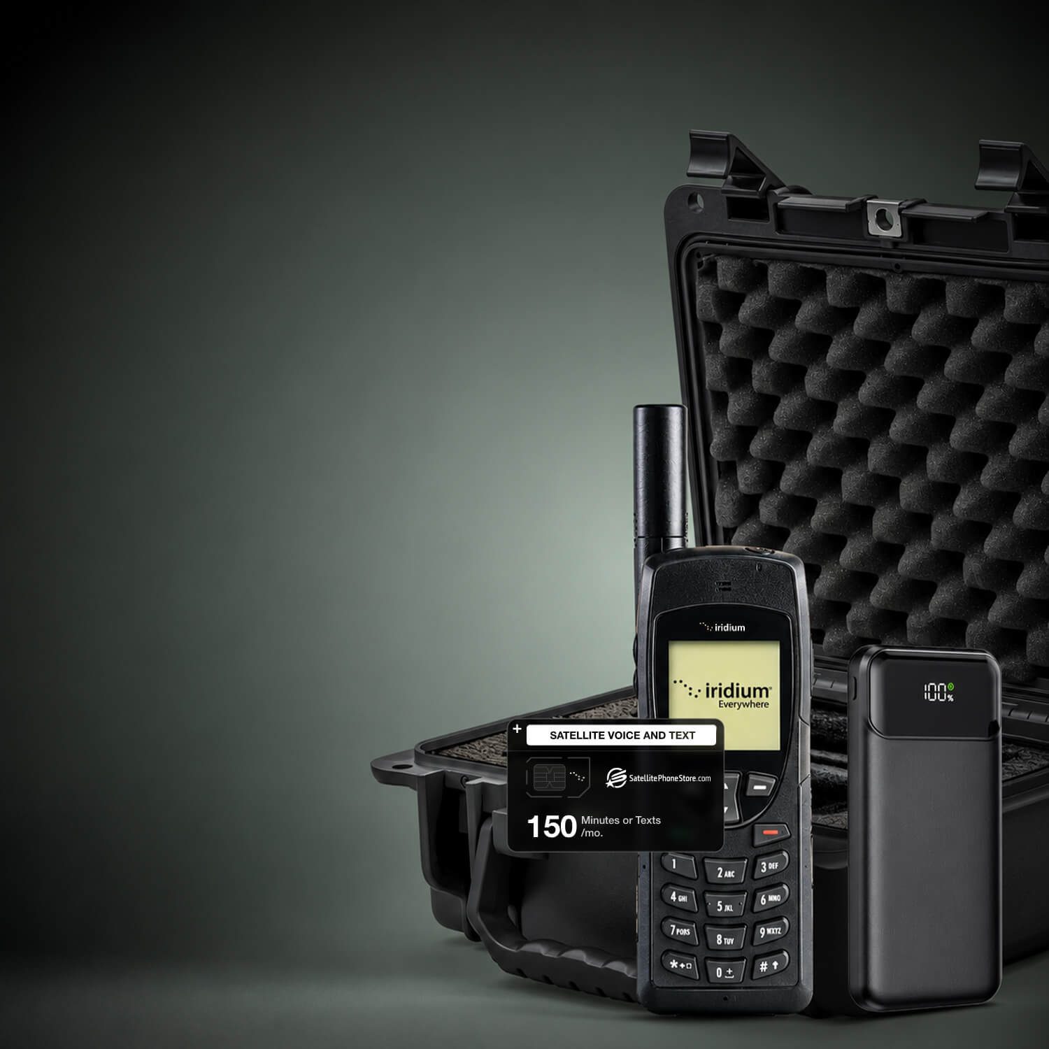 Iridium 9555 satellite phone with case and 150 minutes or texts plan.
