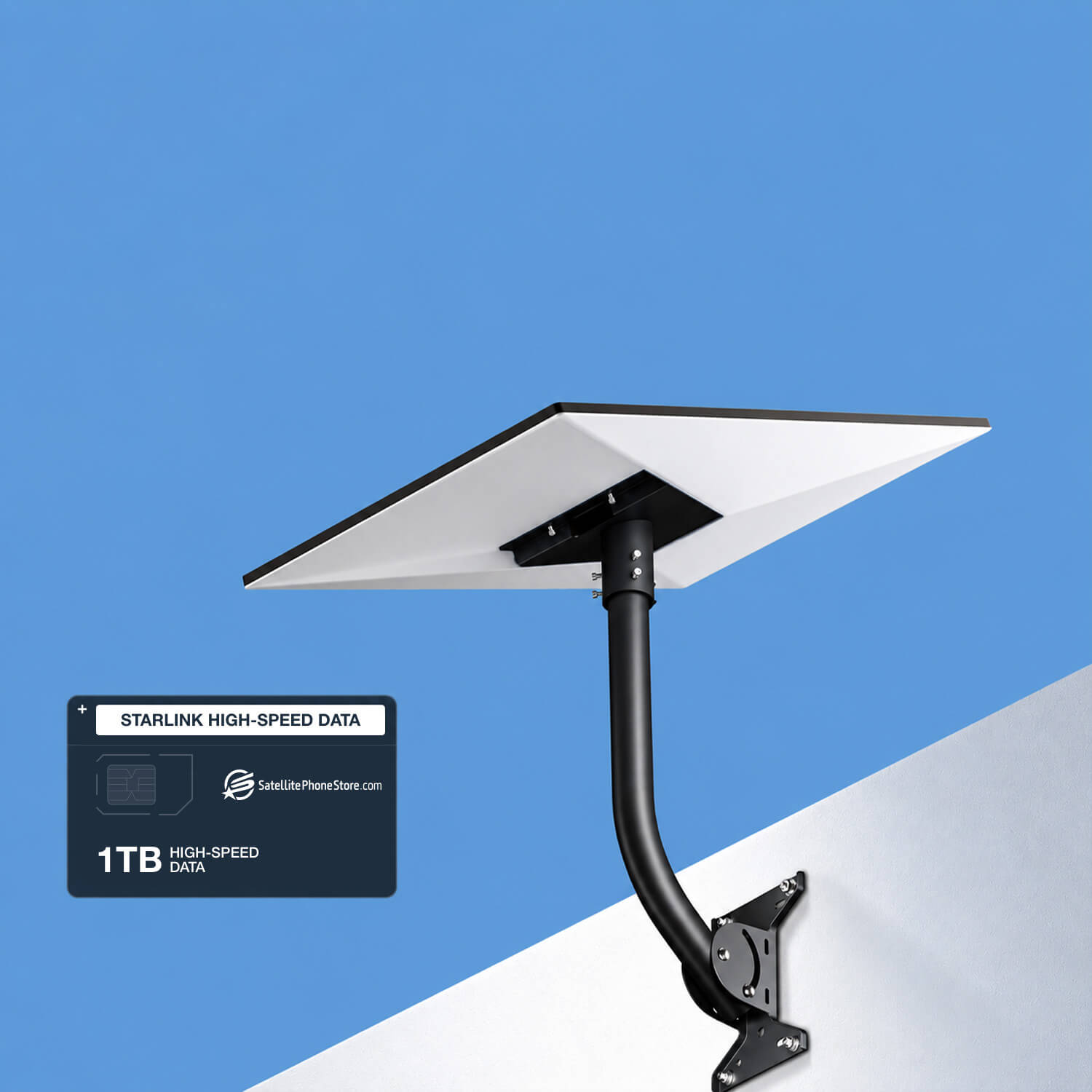 Starlink dish on adjustable pole mount with 1TB high-speed data plan